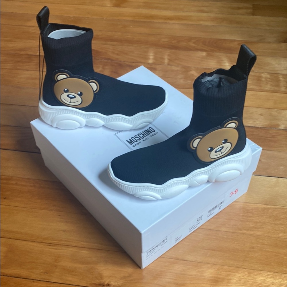 Moschino Black and White High-Top Sneakers with Bear Detail